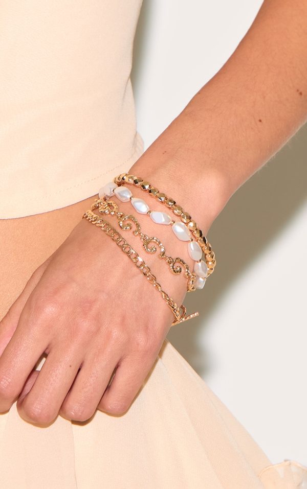 Gold Textured Layered Bracelet With Pearl Detail