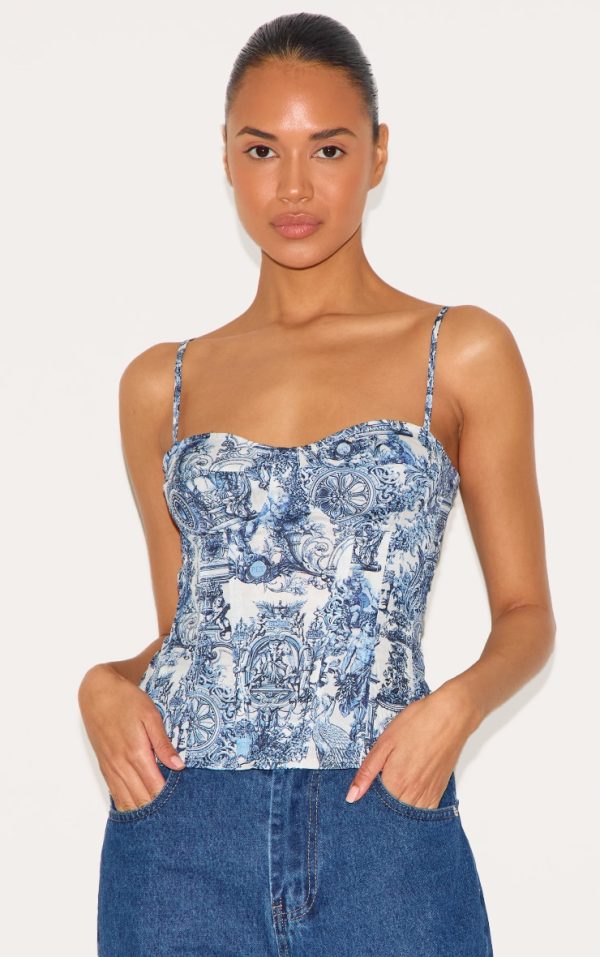 Blue Renaissance Print Structured Corset Top