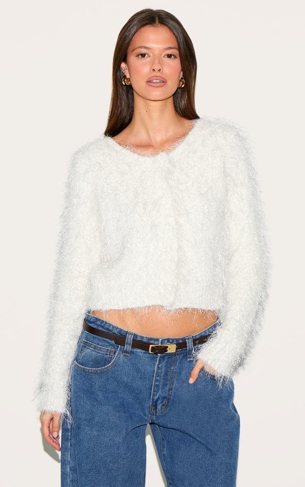 Off White Textured Fluffy Knit Button Up Cardigan