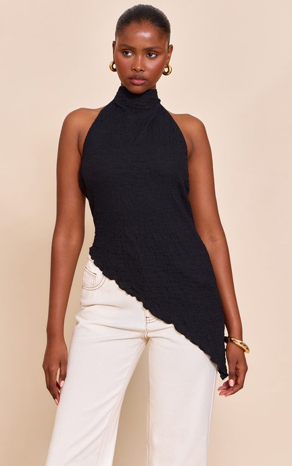 Black  Textured High Neck Asymmetric Hem Detail Long Top