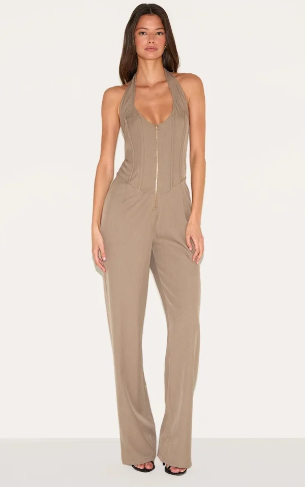 Mushroom Dipped Corset Zip Front Wide Leg Jumpsuit