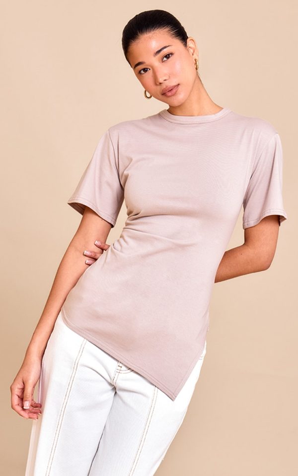 Sand Cotton Ruched Side Asymmetric Hem T-shirt