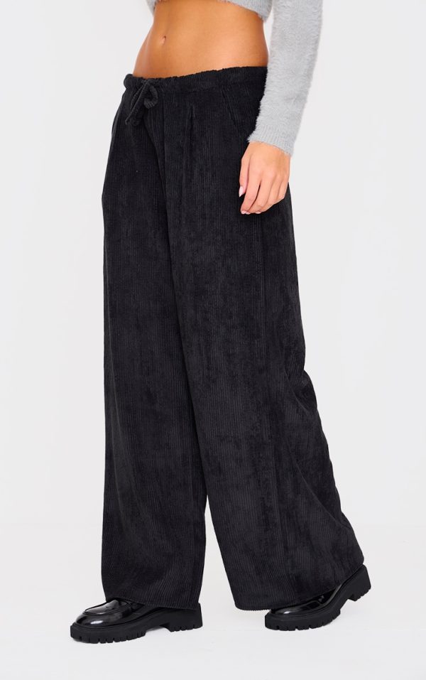 Black Cord Low Rise Drawstring Wide Leg Pants