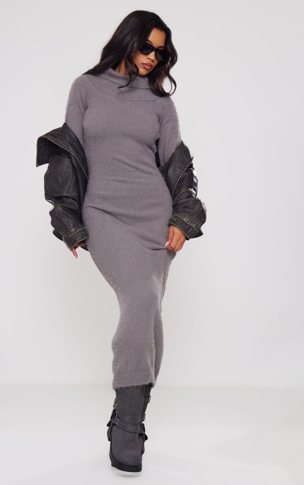 Charcoal Eyelash Knit Split Maxi Dress