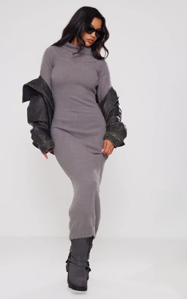 Charcoal Eyelash Knit Split Maxi Dress