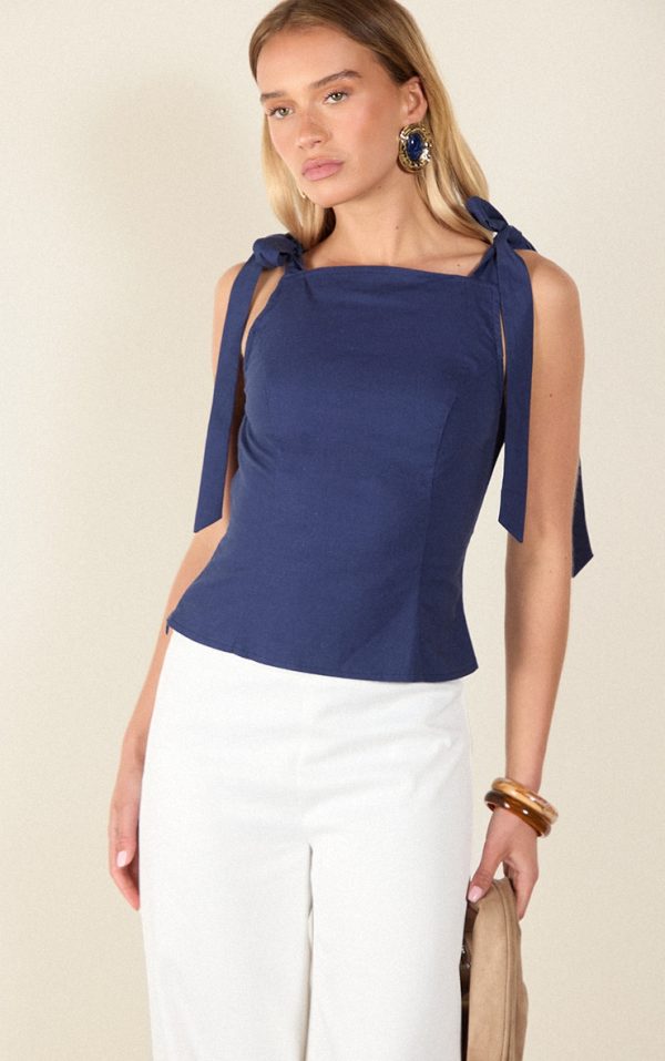 Indigo Blue Linen-Blend Shoulder Tie Detail Top