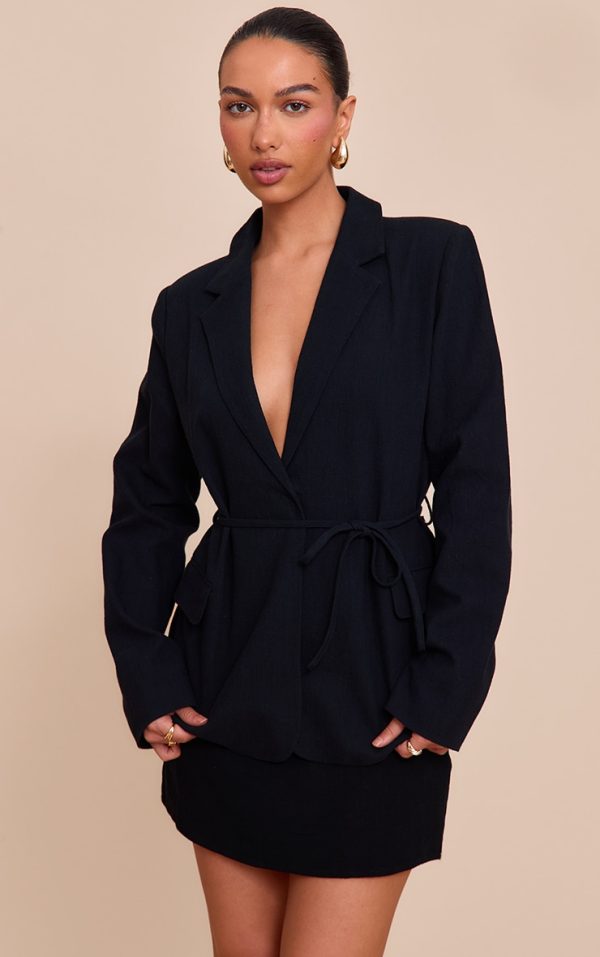 Black Linen Look Tie Waist Blazer