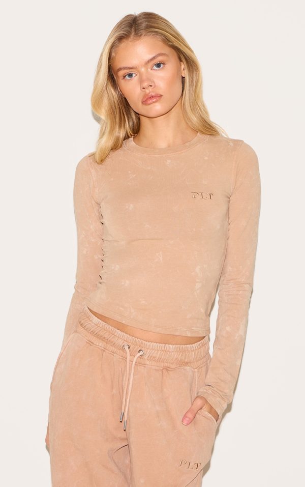 PRETTYLITTLETHING Sand Washed Longline Cotton Long Sleeve T-shirt