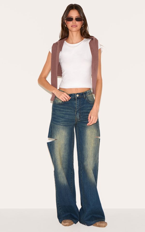 Vintage Wash Thigh Split Detail Wide Leg Jeans