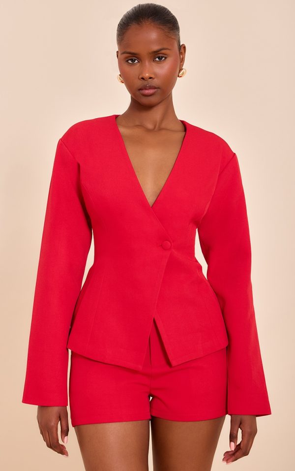 Tomato Red Tailored Cinched Waist Asymmetric Blazer
