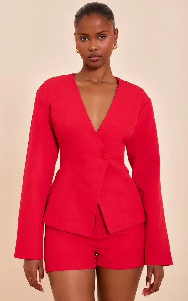 Tomato Red Tailored Cinched Waist Asymmetric Blazer