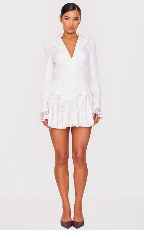 White Satin Lace Trim Bow Blazer Dress