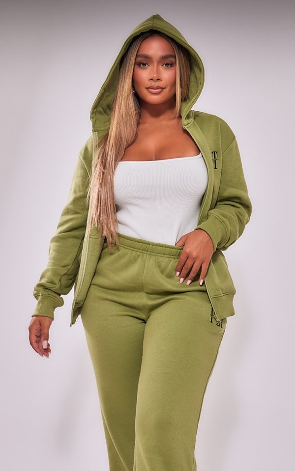 PRETTYLITTLETHING Shape Khaki Embroidered Zip Through Hoodie