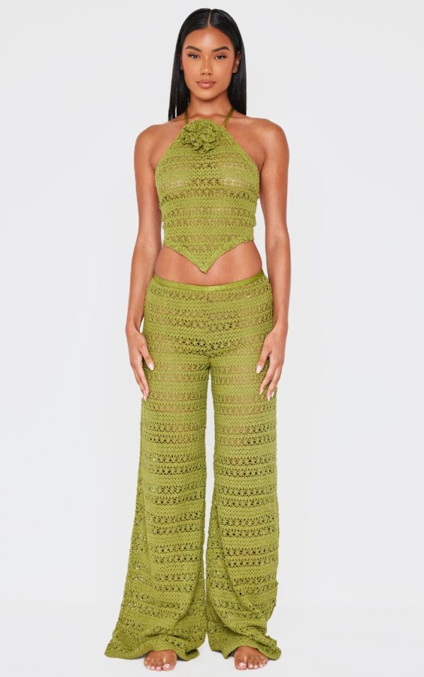Khaki Crochet Wide Leg Dipped Hem Beach Pants