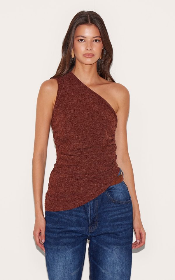 Chocolate Textured One Shoulder Asymmetric Long Top