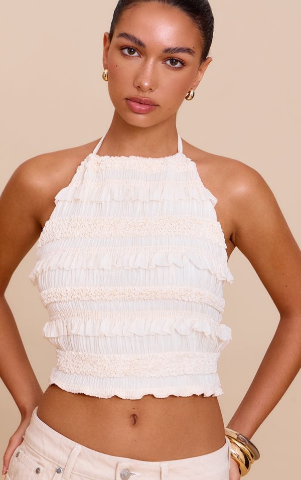 Cream Textured Chiffon Tie Back Long Top