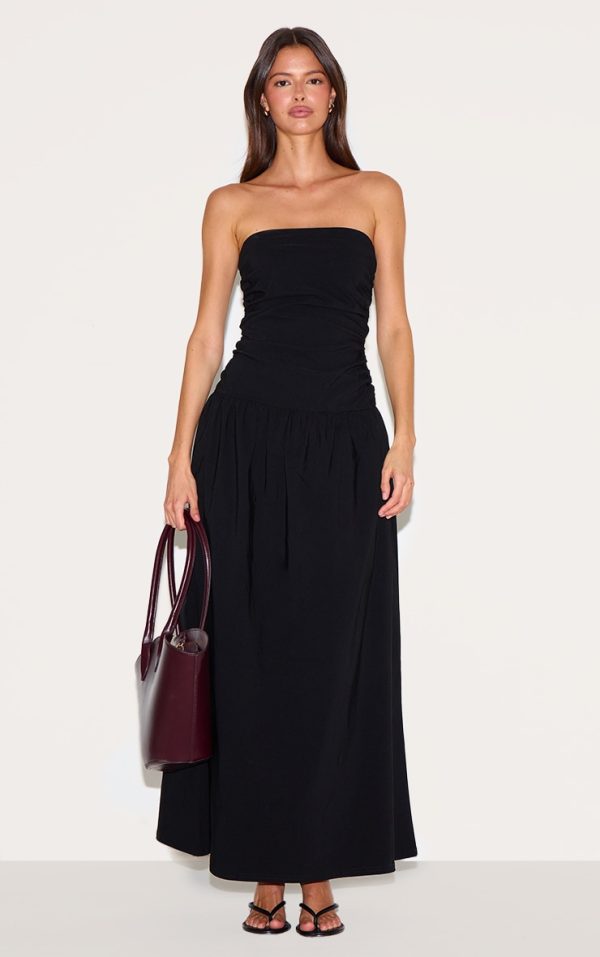 Black Stretch Woven Bandeau Ruched Maxi Dress