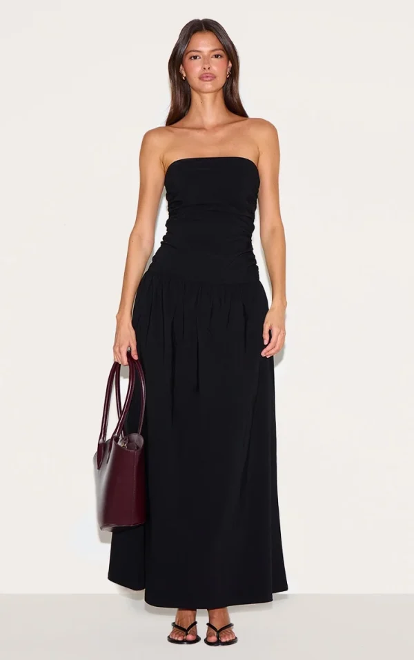 Black Stretch Woven Bandeau Ruched Maxi Dress