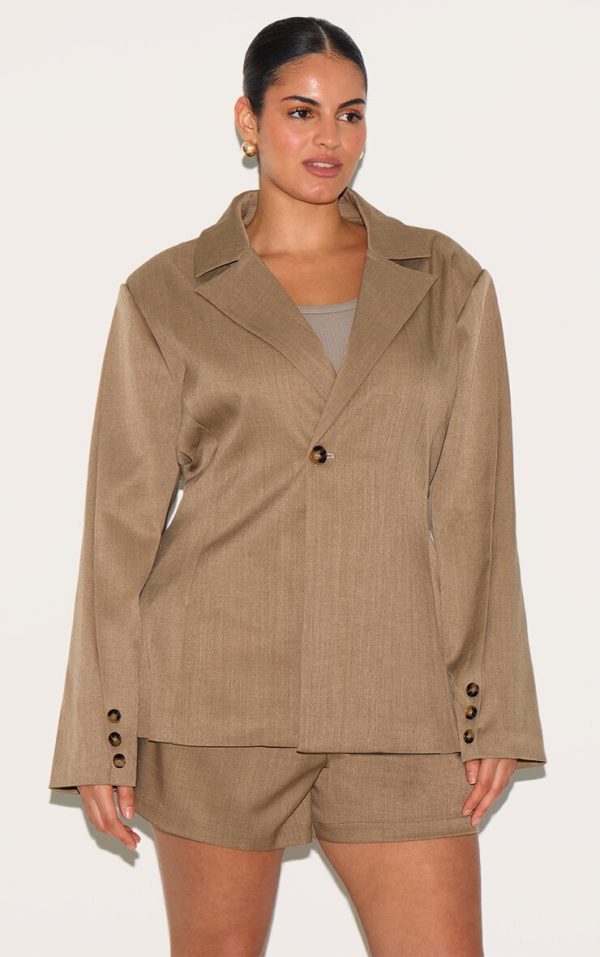 Plus Light Brown Tailored Woven Cinch Waist Blazer