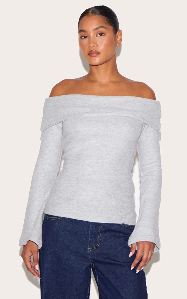 Grey Soft Touch Foldover Bardot Top
