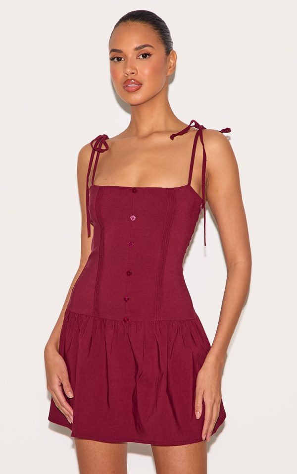 Burgundy Stretch Woven Button Down Pleated Mini Dress