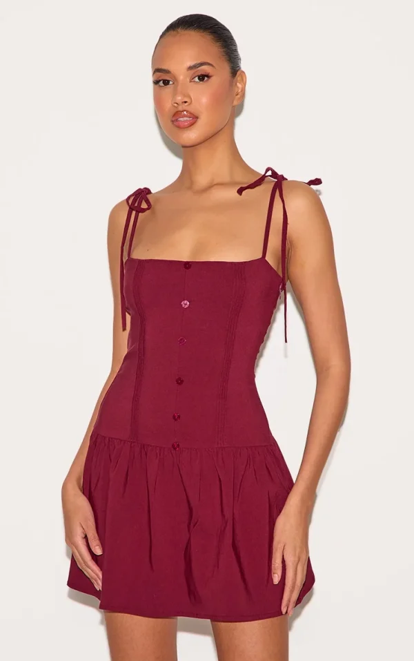 Burgundy Stretch Woven Button Down Pleated Mini Dress