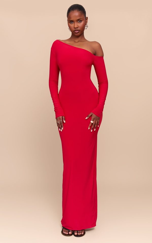 Red Double Slinky Asymmetric Neckline Maxi Dress
