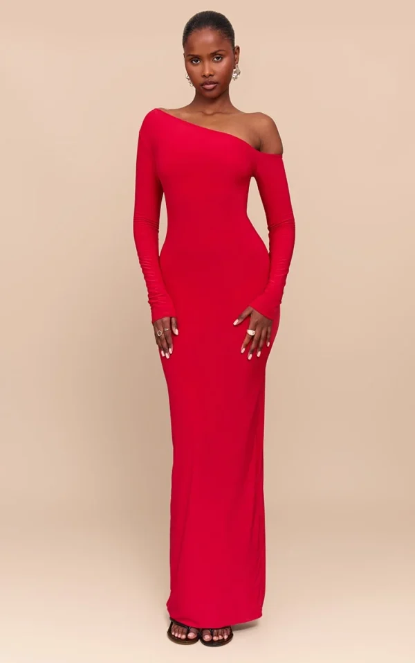 Red Double Slinky Asymmetric Neckline Maxi Dress