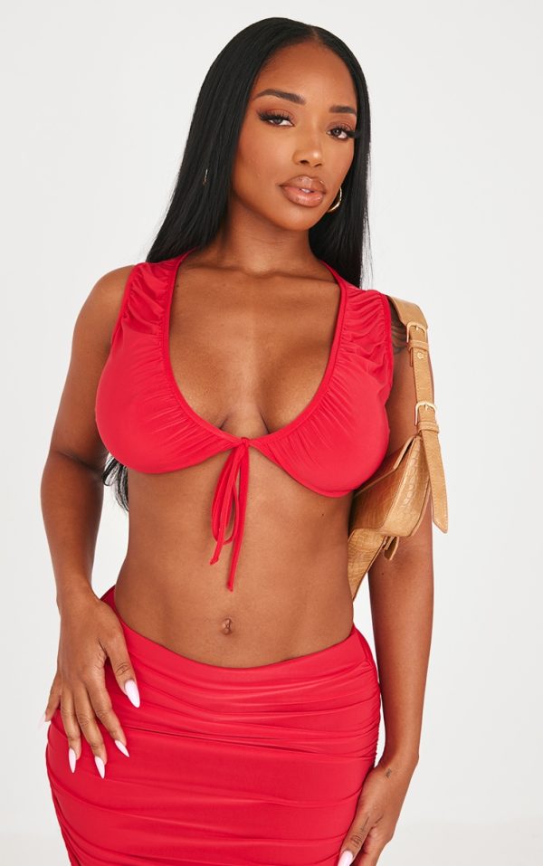 Shape Red Slinky Sleeveless Tie Front Top