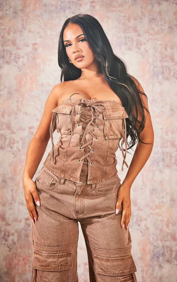 Brown Denim Lace Up Front Corset Top