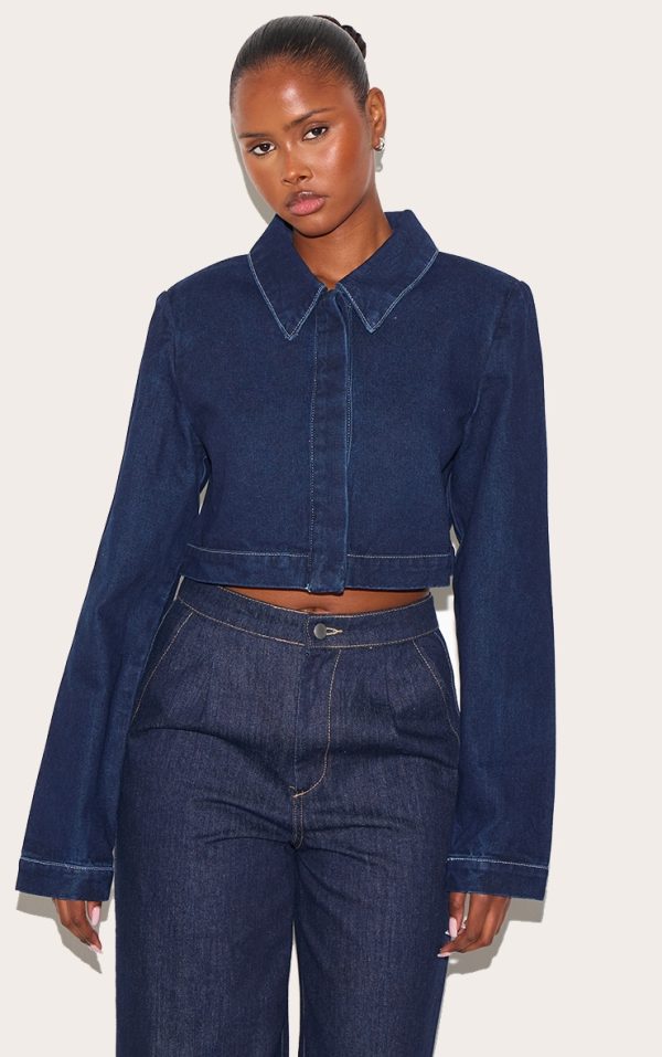 Indigo Contrast Stitch Cropped Long Sleeve Denim Shirt