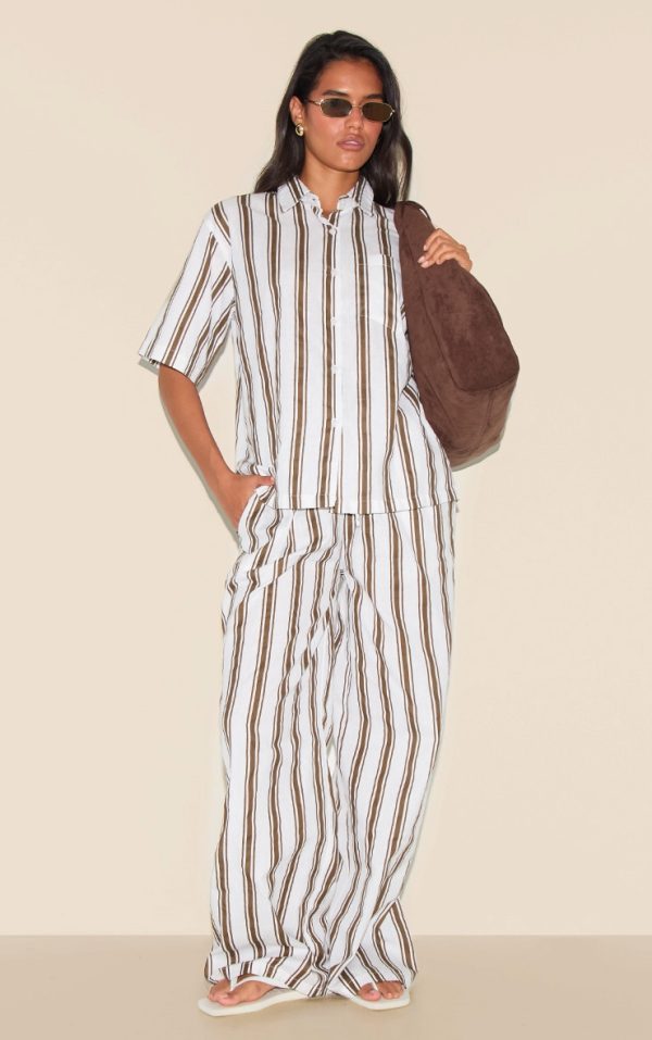 Beige Striped Wide Leg Pants