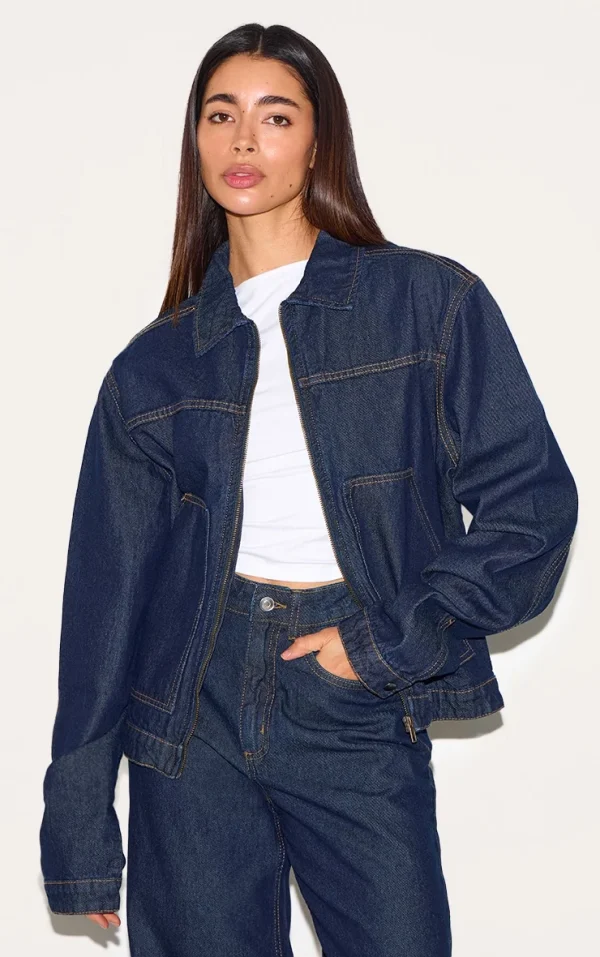 Dark Indigo Boxy Contrast Seam Carpenter Denim Jacket
