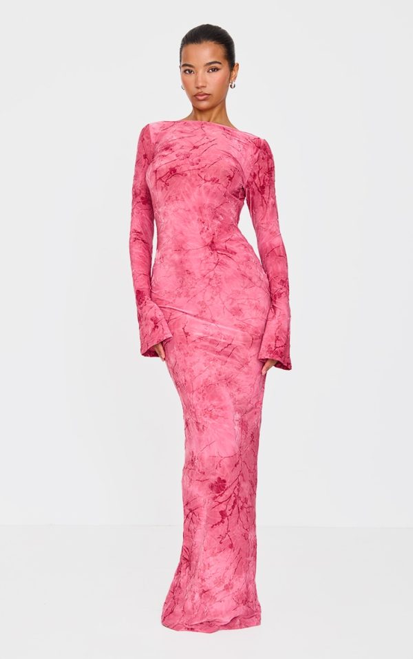 Pink Floral Devore Long Sleeve Maxi Dress