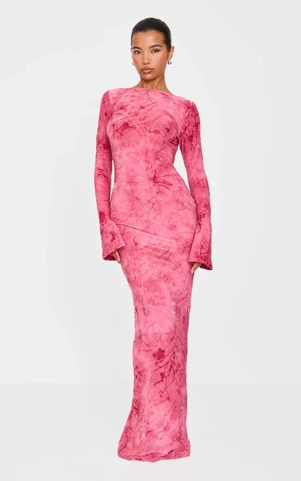 Pink Floral Devore Long Sleeve Maxi Dress