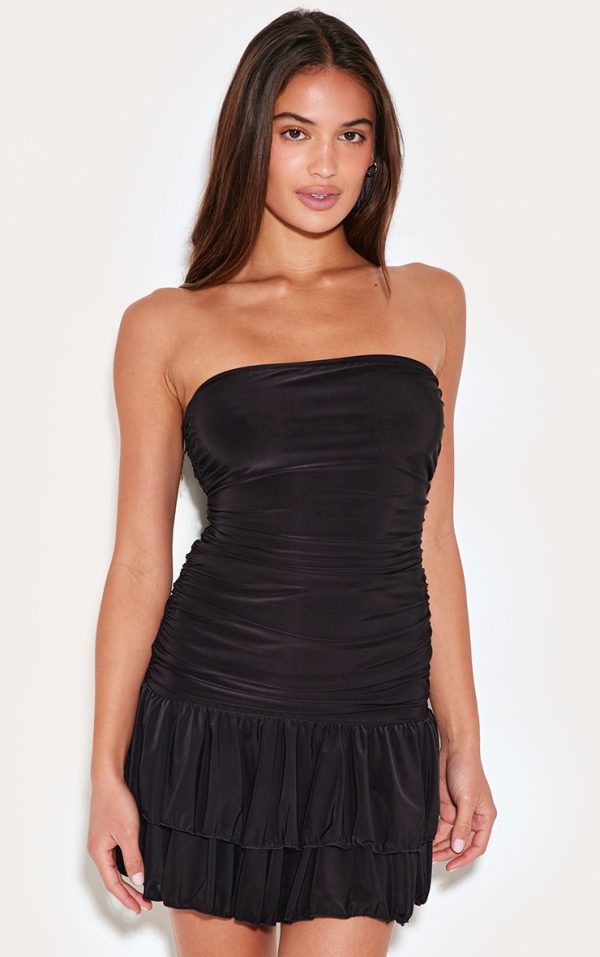 Black Slinky Ruched Tiered Shift Dress