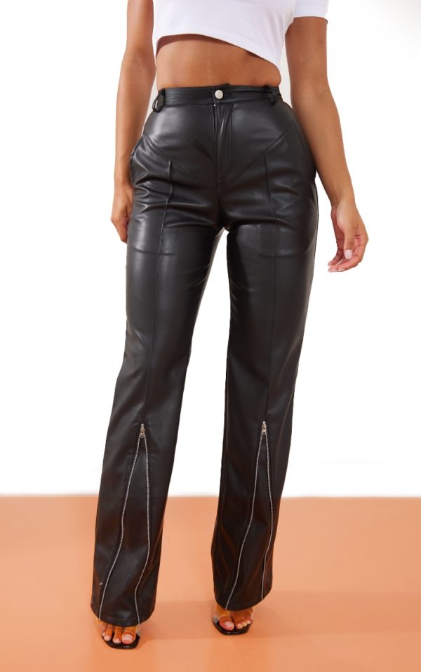 Black Faux Leather Zip Seam Detail Straight Leg Pants