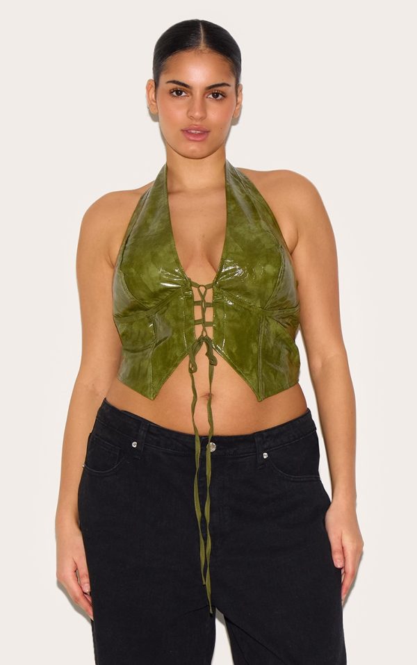 Plus Washed Olive Faux Leather Lace Up Plunge Halterneck Top