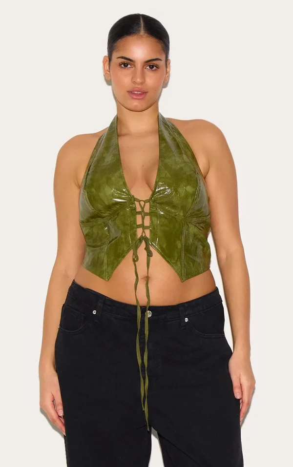 Plus Washed Olive Faux Leather Lace Up Plunge Halterneck Top