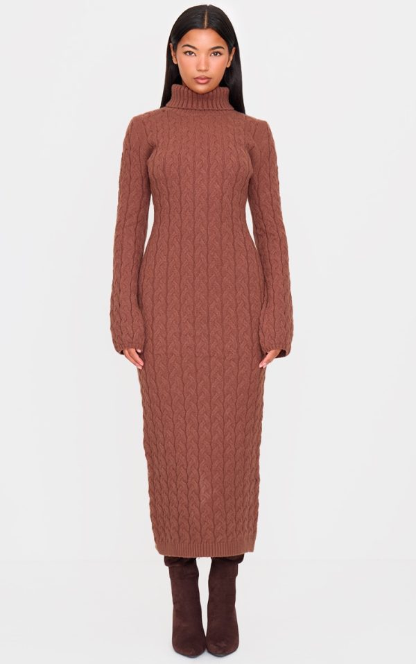 Cappuccino Chunky Cable Knit Roll Neck Maxi Sweater Dress