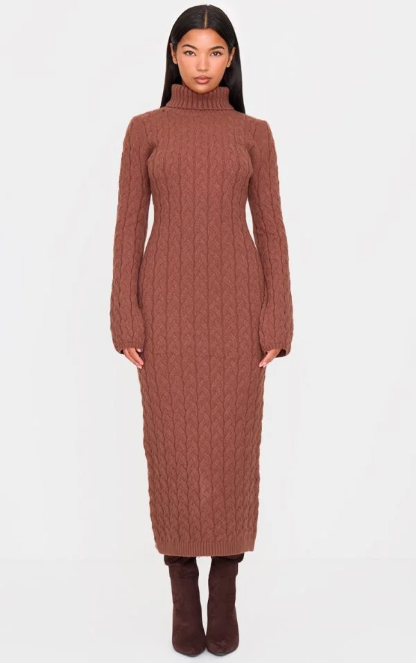 Cappuccino Chunky Cable Knit Roll Neck Maxi Sweater Dress