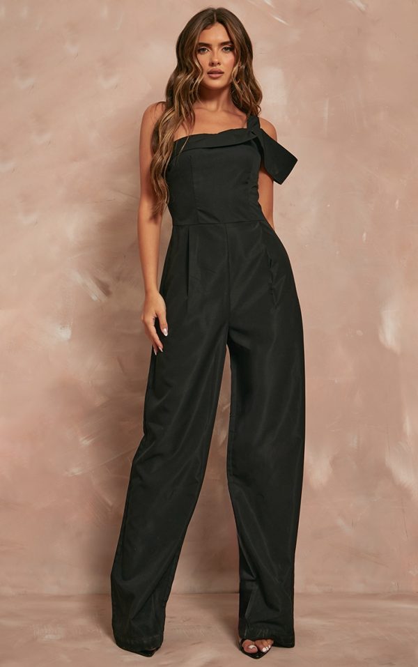 Black Woven One Shoulder Pleated Detail Wide Leg Jumpsuit