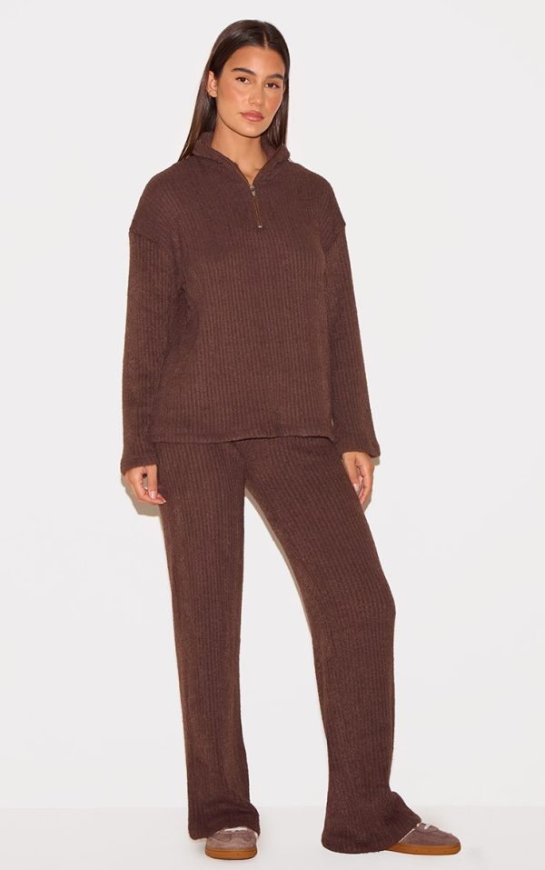 Chocolate Textured Soft Rib Mid Rise Straight Leg Pants