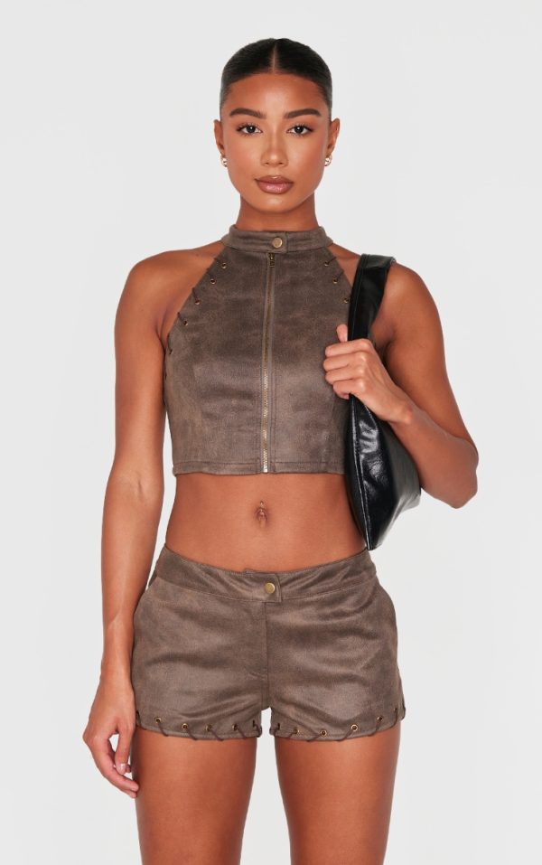 Brown Distressed Faux Suede Eyelet Zip Up Top