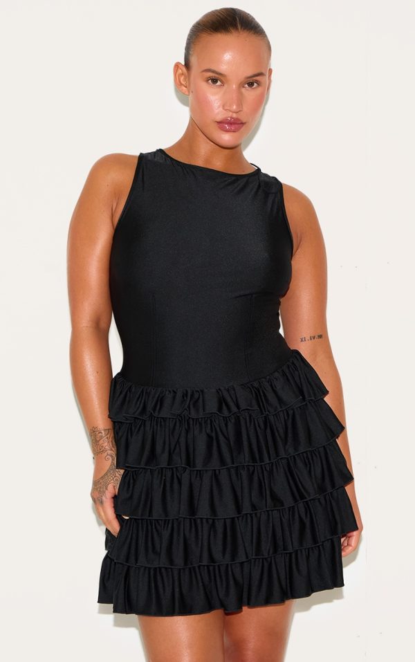 Plus Black Slinky Frill Hem Micro Mini Dress