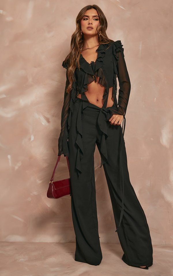 Black Chiffon Mid Rise Wide Leg Pants