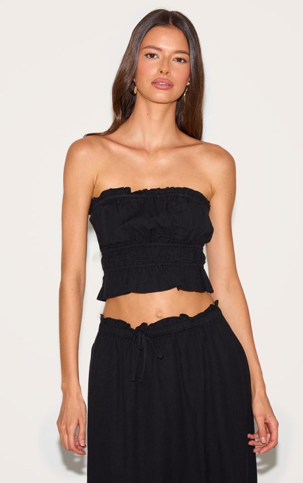 Black Linen Look Shirred Bandeau Top