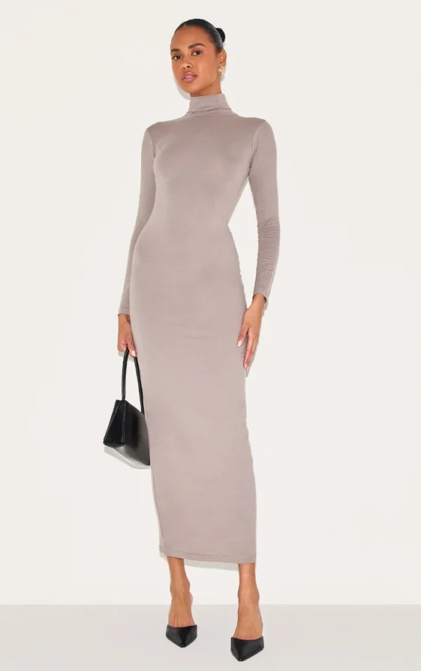 Dove Grey Cotton Long Sleeve High Neck Midaxi Dress