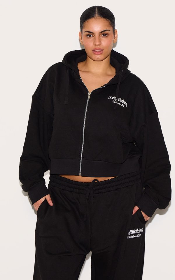 PRETTYLITTLETHING Plus Black Printed Premium Zip Front Hoodie