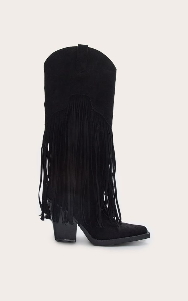 Black Faux Suede Point Toe Fringed Heel Knee High Western Boots